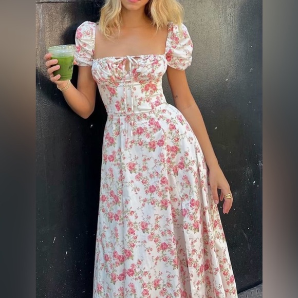 Moon River Pink Floral Midi Dress puff sleeve - Picture 4 of 13